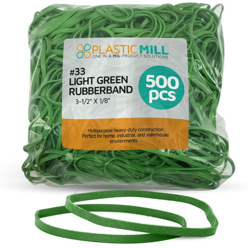 PlasticMill Light Green Rubber Bands Size 33 (3 1/2" x 1/8") - #33 Colored Rubber Bands Office Supplies - Strong, Elastic Bands for Crafts, Balloon Garland, Cash, File Folders (500-Pack) - Image 1